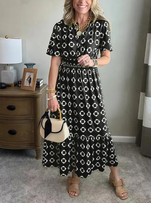 V-Neck Fashionable Elegant Stretch Waistline Polka-Dot Printed Maxi Dress