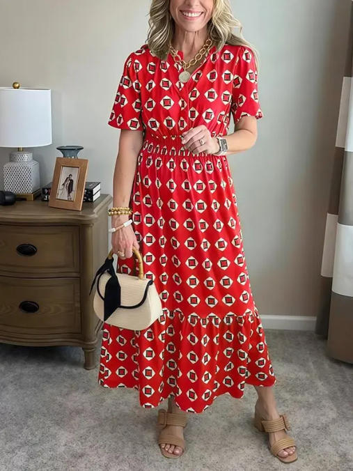 V-Neck Fashionable Elegant Stretch Waistline Polka-Dot Printed Maxi Dress