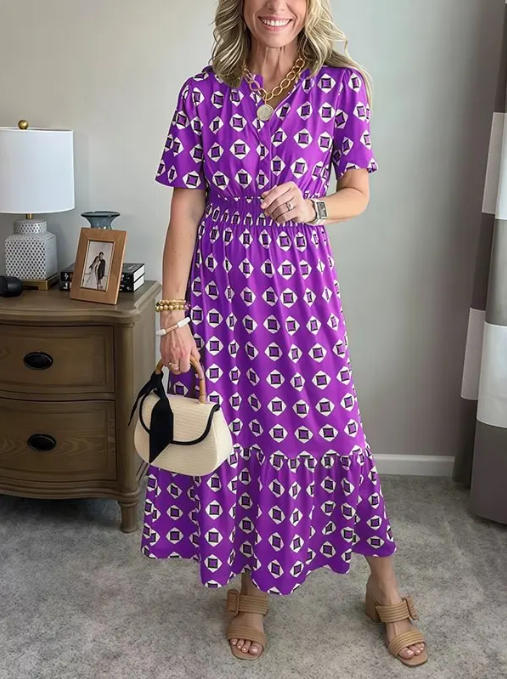V-Neck Fashionable Elegant Stretch Waistline Polka-Dot Printed Maxi Dress