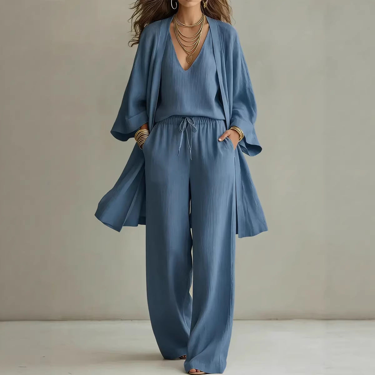 = Ensemble 3 Pièces Uni – Gilet Col V