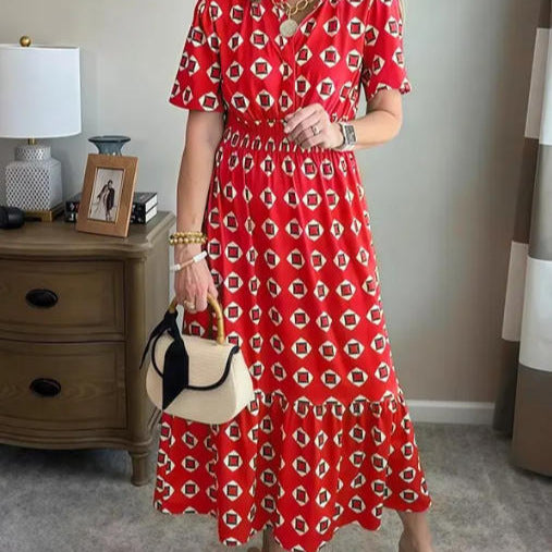 V-Neck Fashionable Elegant Stretch Waistline Polka-Dot Printed Maxi Dress