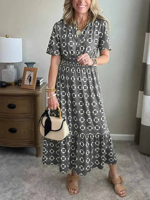 V-Neck Fashionable Elegant Stretch Waistline Polka-Dot Printed Maxi Dress