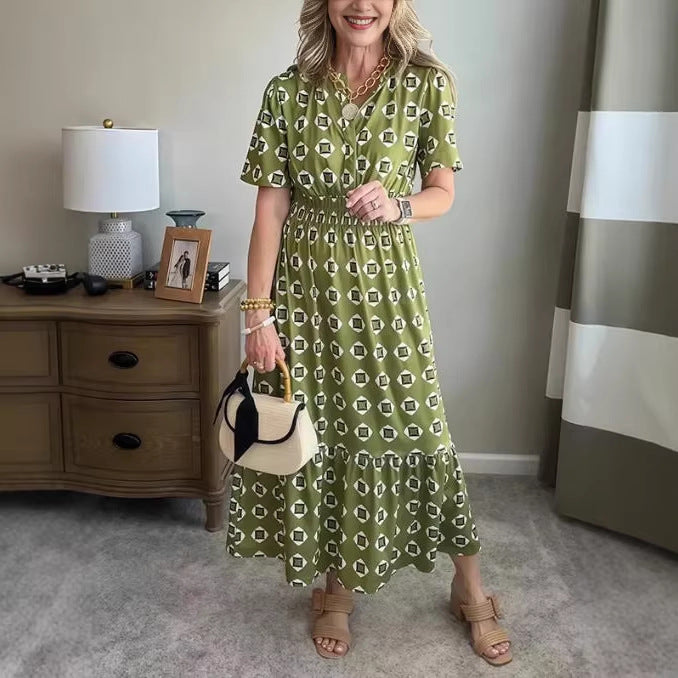 V-Neck Fashionable Elegant Stretch Waistline Polka-Dot Printed Maxi Dress