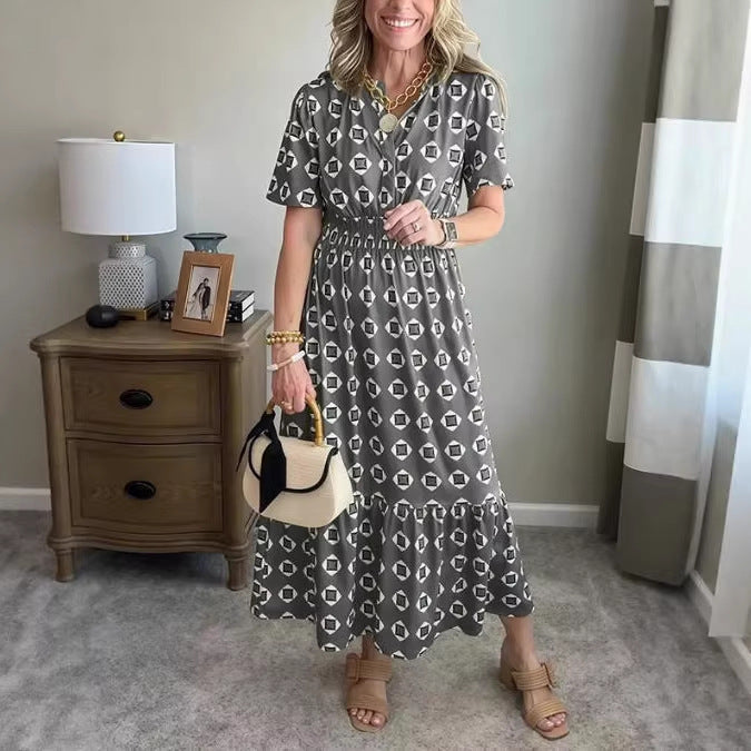 V-Neck Fashionable Elegant Stretch Waistline Polka-Dot Printed Maxi Dress