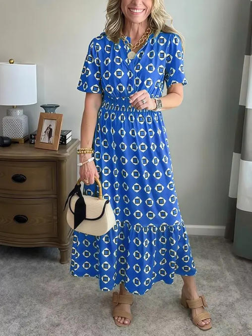 V-Neck Fashionable Elegant Stretch Waistline Polka-Dot Printed Maxi Dress