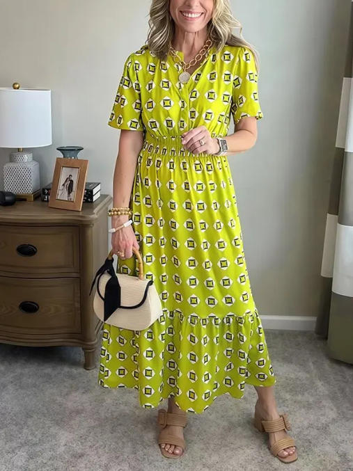 V-Neck Fashionable Elegant Stretch Waistline Polka-Dot Printed Maxi Dress