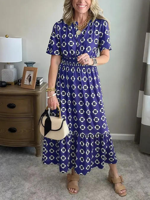 V-Neck Fashionable Elegant Stretch Waistline Polka-Dot Printed Maxi Dress