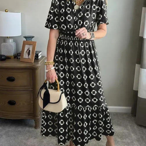 V-Neck Fashionable Elegant Stretch Waistline Polka-Dot Printed Maxi Dress