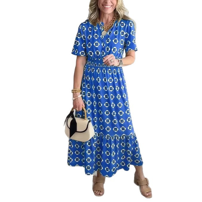 V-Neck Fashionable Elegant Stretch Waistline Polka-Dot Printed Maxi Dress